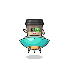 coffee cup cartoon riding a future spaceship