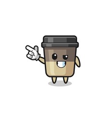 coffee cup mascot pointing top left