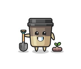 cute coffee cup cartoon is planting a tree seed