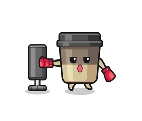 coffee cup boxer cartoon doing training with punching bag