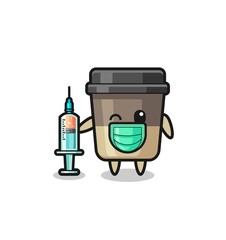 coffee cup mascot as vaccinator