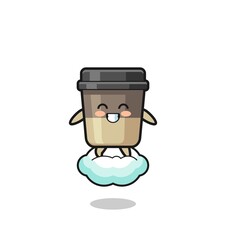 cute coffee cup illustration riding a floating cloud