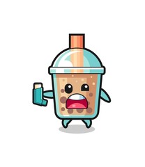 bubble tea mascot having asthma while holding the inhaler