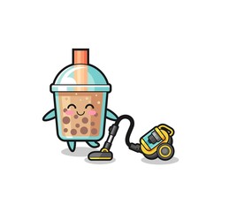cute bubble tea holding vacuum cleaner illustration