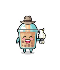 bubble tea zookeeper mascot with a parrot