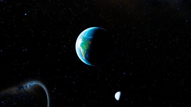 A black hole in the middle of outer space absorbs planet Earth and the moon.