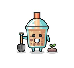cute bubble tea cartoon is planting a tree seed