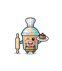 bubble tea as pastry chef mascot hold rolling pin