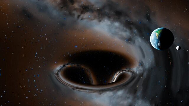 A black hole in the middle of outer space absorbs planet Earth and the moon.