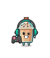 milkshake gamer mascot holding a game controller