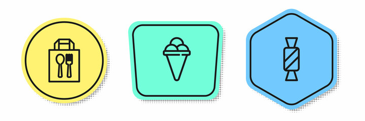 Set line Online ordering and delivery, Ice cream waffle cone and Candy. Colored shapes. Vector