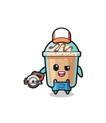 the woodworker milkshake mascot holding a circular saw