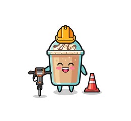 road worker mascot of milkshake holding drill machine