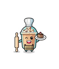 milkshake as pastry chef mascot hold rolling pin