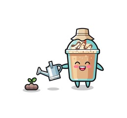 cute milkshake is watering plant seeds