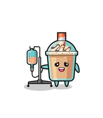 cute milkshake character standing with infusion pole
