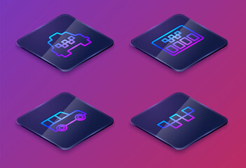 Set Isometric line Taxi car, Car, Taximeter and roof. Blue square button. Vector