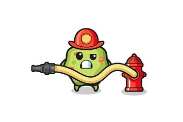 puke cartoon as firefighter mascot with water hose