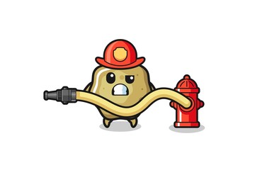 loose stools cartoon as firefighter mascot with water hose