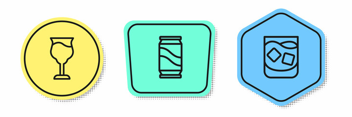 Set line Wine glass, Beer can and Glass of whiskey. Colored shapes. Vector