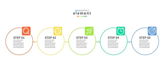 Obraz premium Business infographic thin line process with circle template design with icons and 5 options or steps. Vector progress paper modern web banners set design template. Eps10