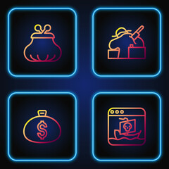 Set line Internet piracy, Money bag, Wallet and Murder. Gradient color icons. Vector
