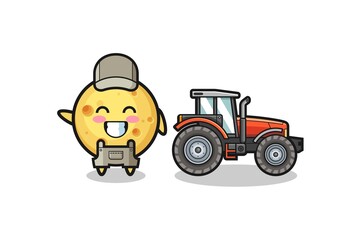 the round cheese farmer mascot standing beside a tractor