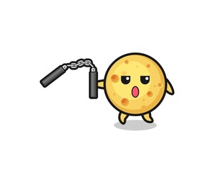 cartoon of round cheese using nunchaku