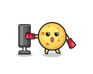 round cheese boxer cartoon doing training with punching bag