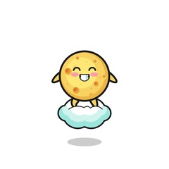cute round cheese illustration riding a floating cloud
