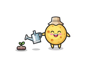 cute round cheese is watering plant seeds