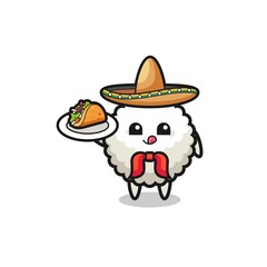 rice ball Mexican chef mascot holding a taco