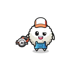 the woodworker rice ball mascot holding a circular saw