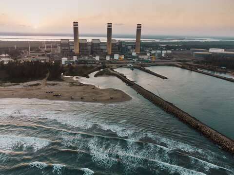 Thermal power station on the shore of a beach in Tuxpan Veracruz