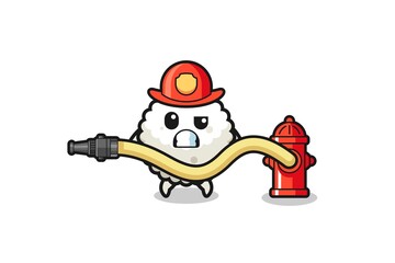 rice ball cartoon as firefighter mascot with water hose