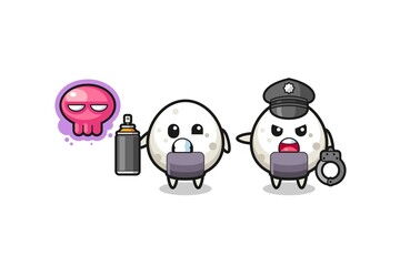 onigiri cartoon doing vandalism and caught by the police