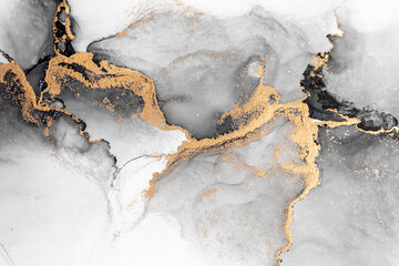 Black gold abstract background of marble liquid ink art painting on paper . Image of original artwork watercolor alcohol ink paint on high quality paper texture . - obrazy, fototapety, plakaty
