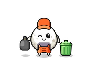 the mascot of cute onigiri as garbage collector