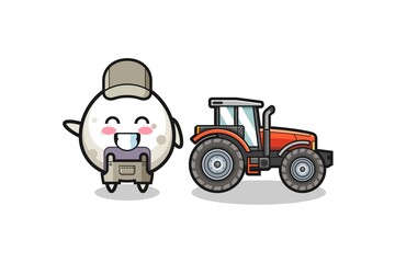the onigiri farmer mascot standing beside a tractor