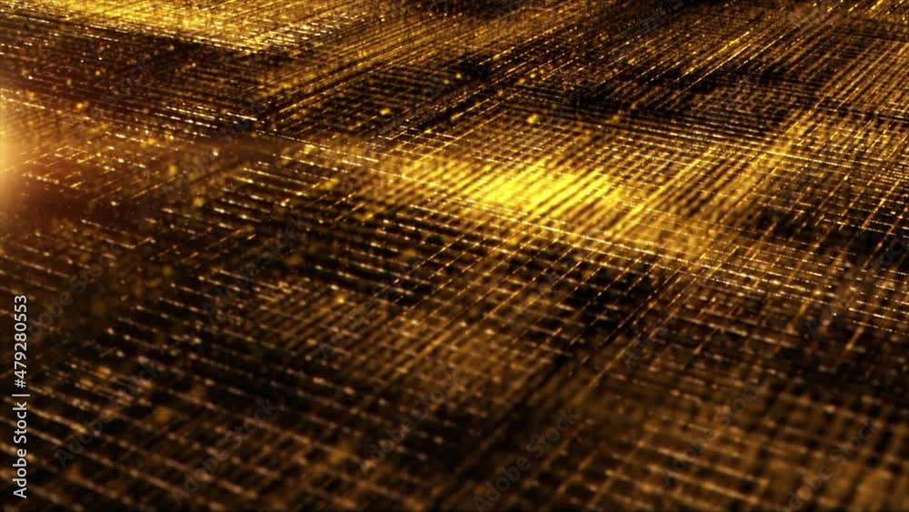 Poster Futuristic digitally generated golden particles grid de-focus motion in cyber space environment abstract background