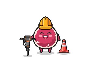 Fototapeta premium road worker mascot of beef holding drill machine