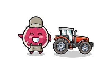 the beef farmer mascot standing beside a tractor