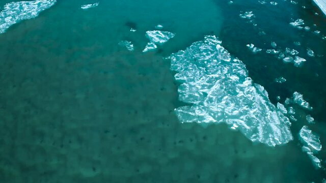 aerial view melting ice the Siberian river