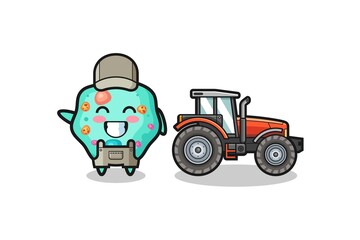 Naklejka premium the amoeba farmer mascot standing beside a tractor
