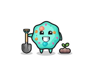 cute amoeba cartoon is planting a tree seed
