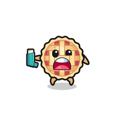 apple pie mascot having asthma while holding the inhaler