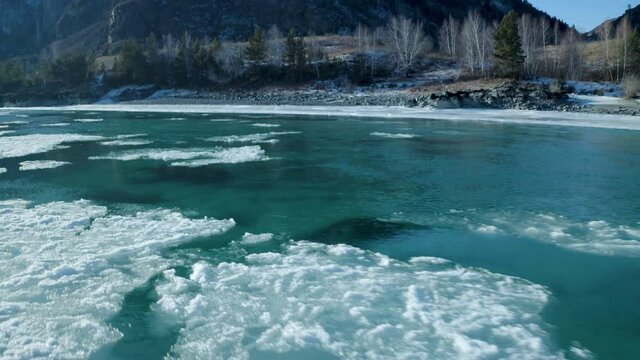 aerial view melting ice the Siberian river