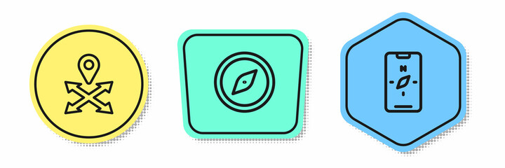 Obraz premium Set line Location, Compass and mobile. Colored shapes. Vector