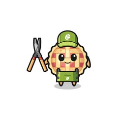 cute apple pie as gardener mascot