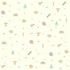 Simple pattern on the theme of bicycle, bike, sport, bike part, biking, exercise, vehicles, components, Helmet and more. simple color icons on beige background.